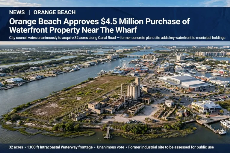 Illustration for the news story: Orange Beach Approves $4.5 Million Purchase of Waterfront Property Near The Wharf