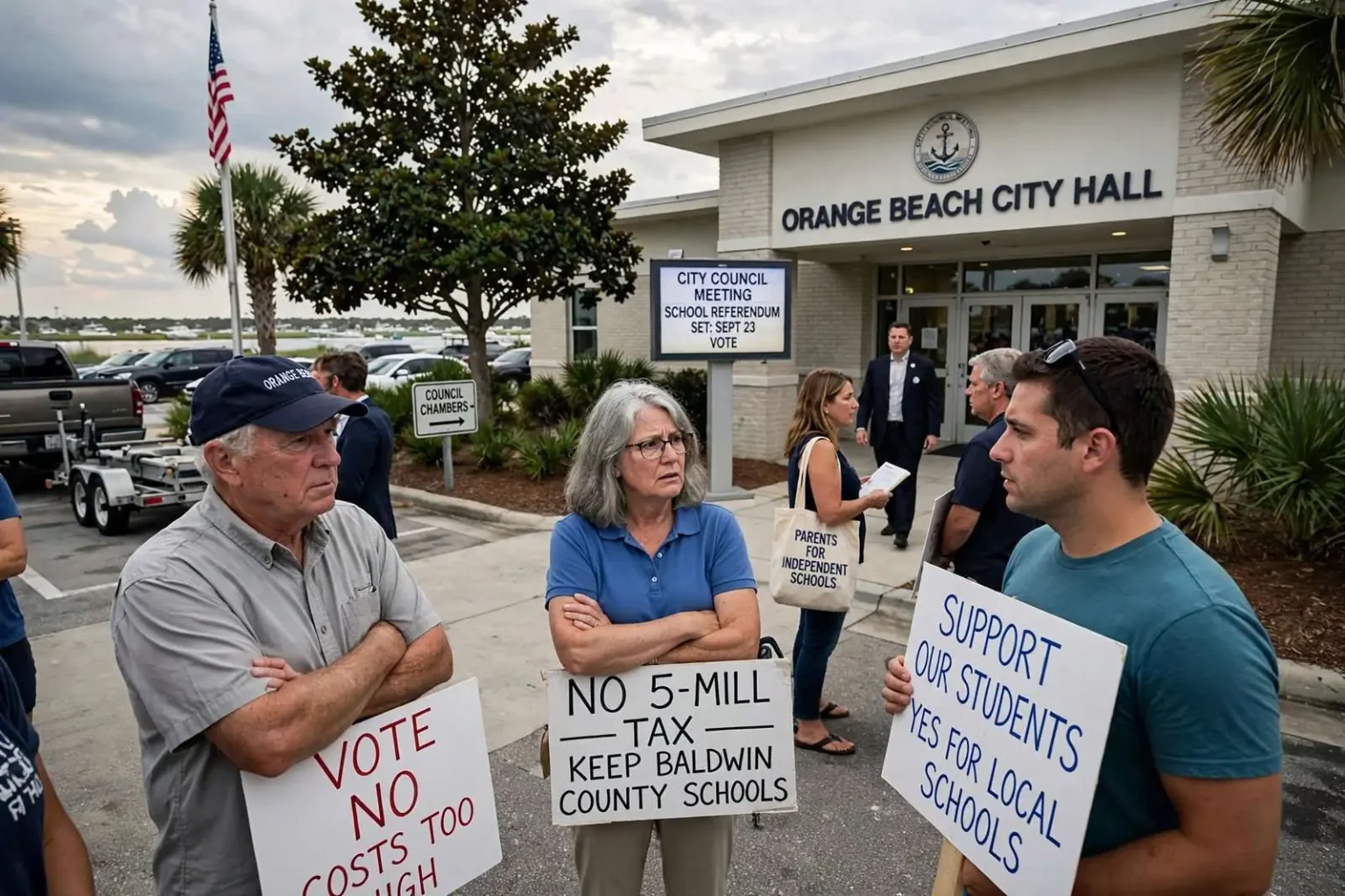 Illustration for the news story: Orange Beach Residents Push Back as Council Sets School Referendum Date