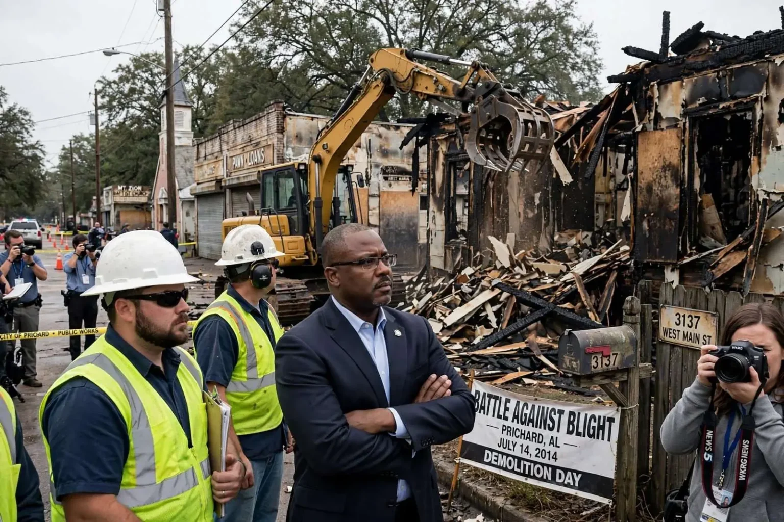 Illustration for the news story: Prichard Opens Its Battle Against Blight With Demolition on West Main Street