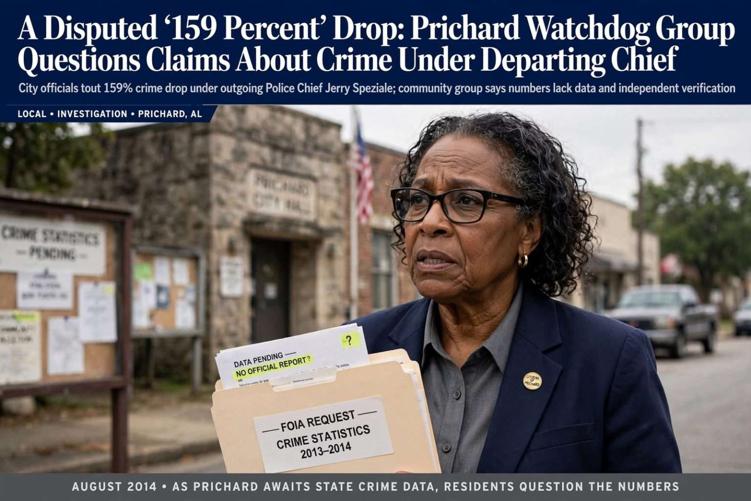 Illustration for the news story: A Disputed ‘159 Percent’ Drop: Prichard Watchdog Group Questions Claims About Crime Under Departing Chief