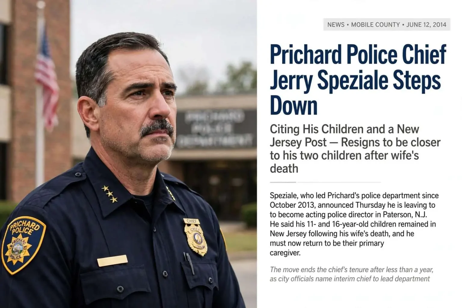Illustration for the news story: Prichard Police Chief Jerry Speziale Steps Down, Citing His Children and a New Jersey Post
