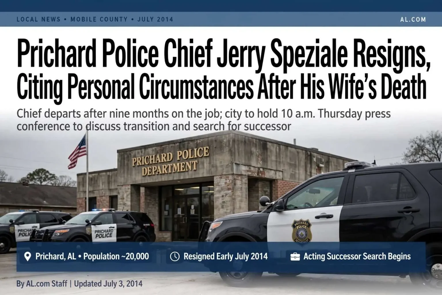 Illustration for the news story: Prichard Police Chief Jerry Speziale Resigns, Citing Personal Circumstances After His Wife’s Death