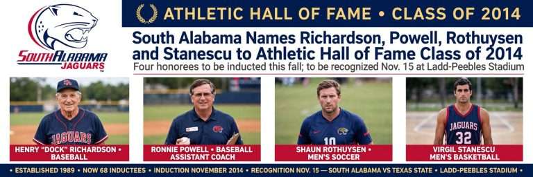 Illustration for the news story: South Alabama Names Richardson, Powell, Rothuysen and Stanescu to Athletic Hall of Fame Class of 2014