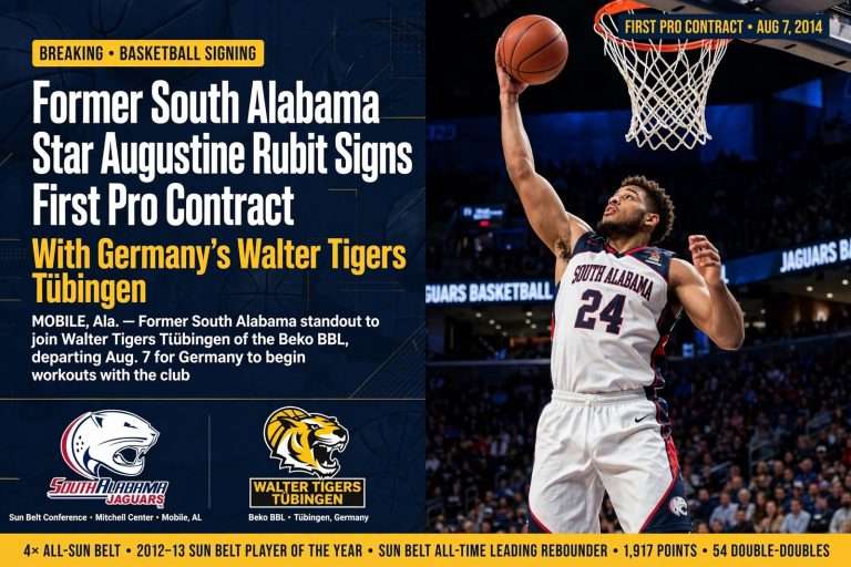 Illustration for the news story: Former South Alabama Star Augustine Rubit Signs First Pro Contract With Germany’s Walter Tigers Tuebingen