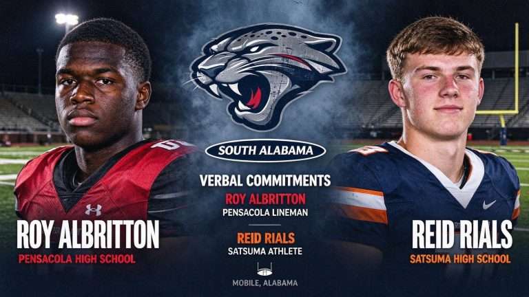 Illustration for the news story: South Alabama Adds Verbal Commitments From Pensacola Lineman Roy Albritton, Satsuma’s Reid Rials