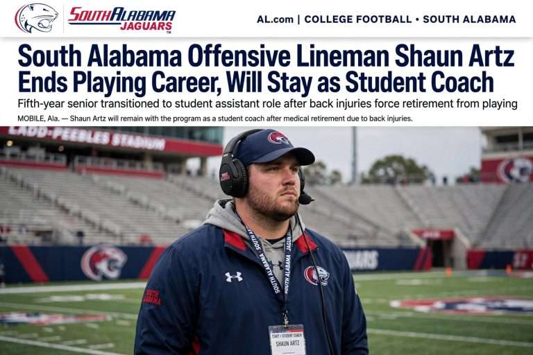 Illustration for the news story: South Alabama Offensive Lineman Shaun Artz Ends Playing Career, Will Stay as Student Coach