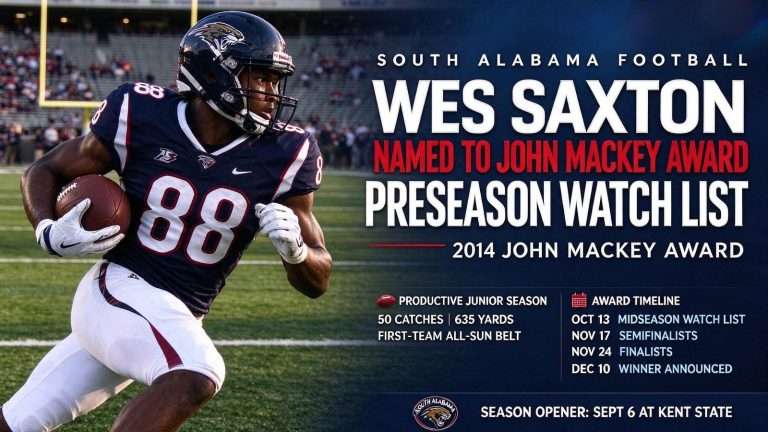 Illustration for the news story: South Alabama Tight End Wes Saxton Named to John Mackey Award Preseason Watch List