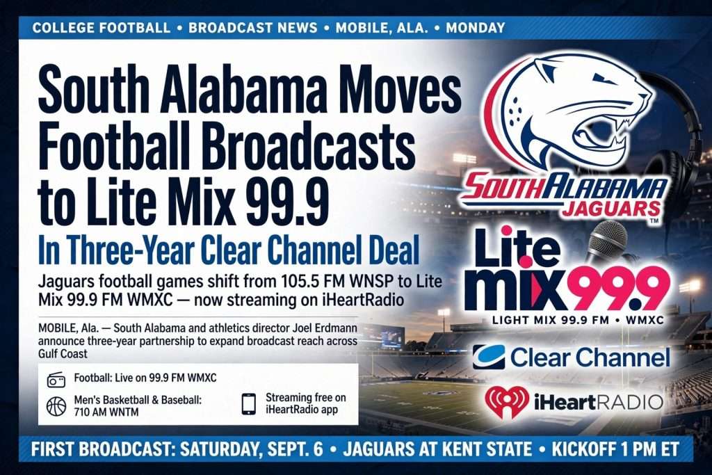 Illustration for the news story: South Alabama Moves Football Broadcasts to Lite Mix 99.9 in Three-Year Clear Channel Deal