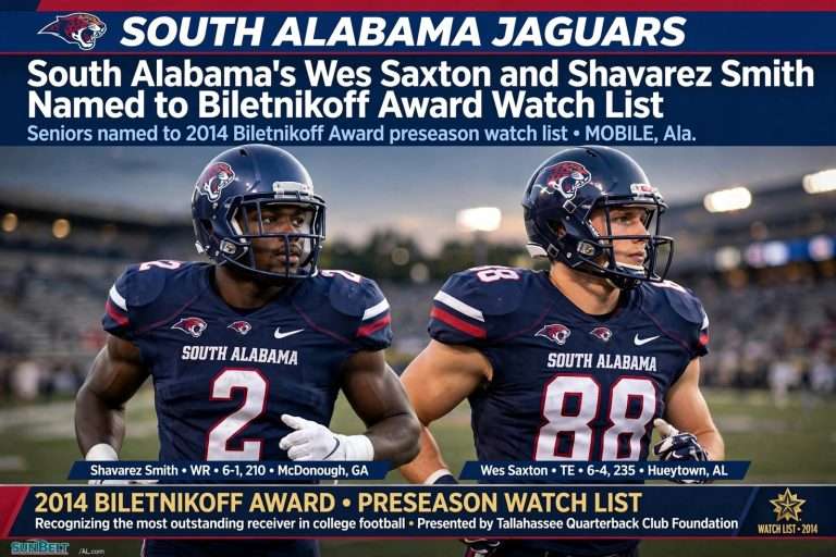 Illustration for the news story: South Alabama’s Wes Saxton and Shavarez Smith Named to Biletnikoff Award Watch List