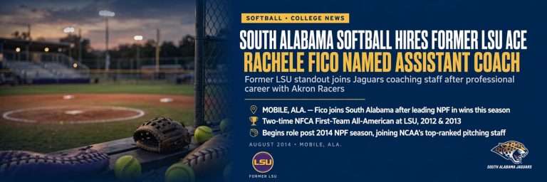 Illustration for the news story: South Alabama Softball Hires Former LSU Ace Rachele Fico as Assistant Coach