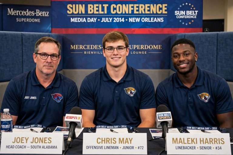 Illustration for the news story: Joey Jones, Chris May and Maleki Harris Represent South Alabama at Sun Belt Media Day
