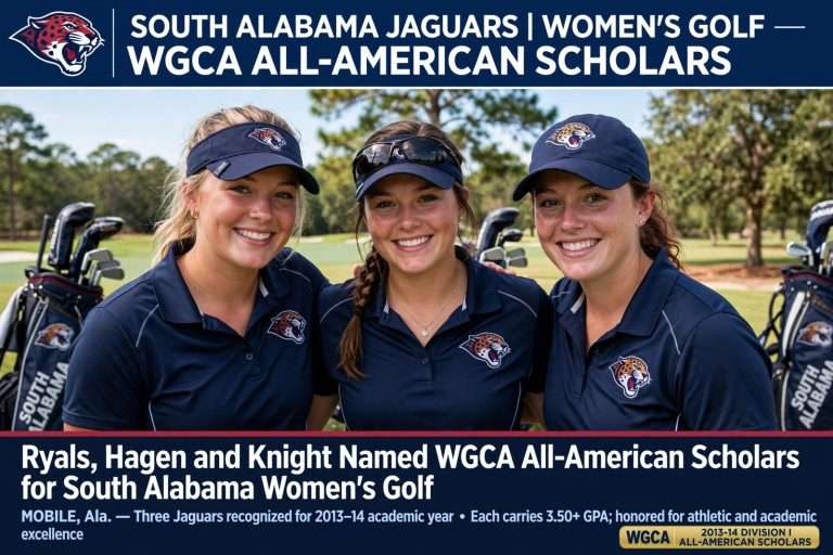 Illustration for the news story: Ryals, Hagen and Knight Named WGCA All-American Scholars for South Alabama Women’s Golf