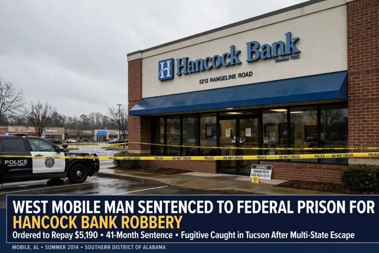 Illustration for the news story: West Mobile Man Sentenced to Federal Prison for Hancock Bank Robbery, Ordered to Repay $5,190