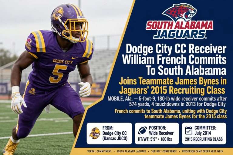 Illustration for the news story: Dodge City Community College Receiver William French Commits To South Alabama