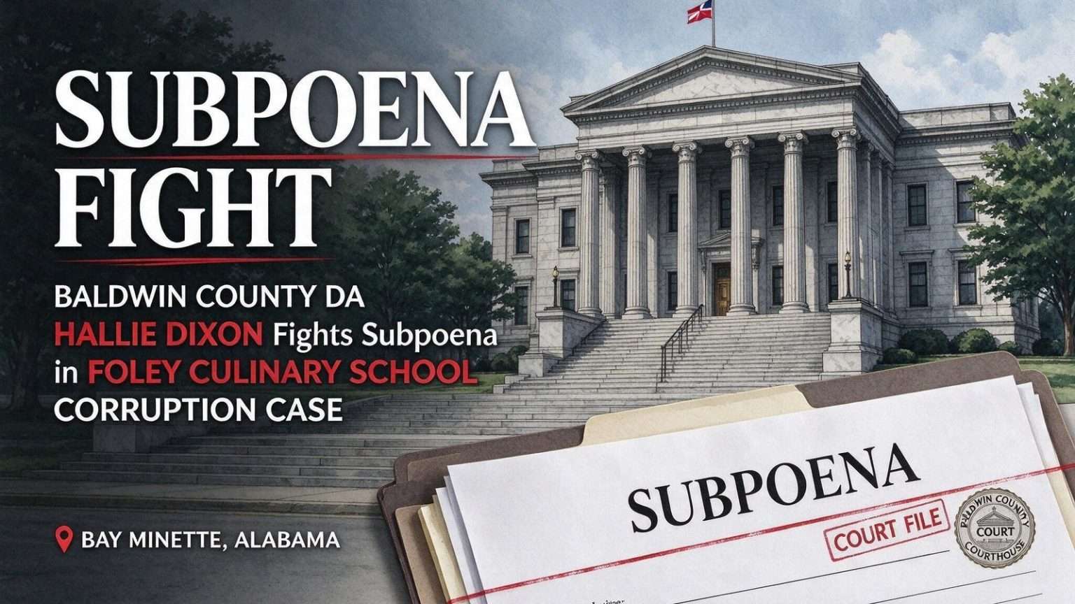 Illustration for the news story: Baldwin County DA Hallie Dixon Fights Subpoena in Foley Culinary School Corruption Case