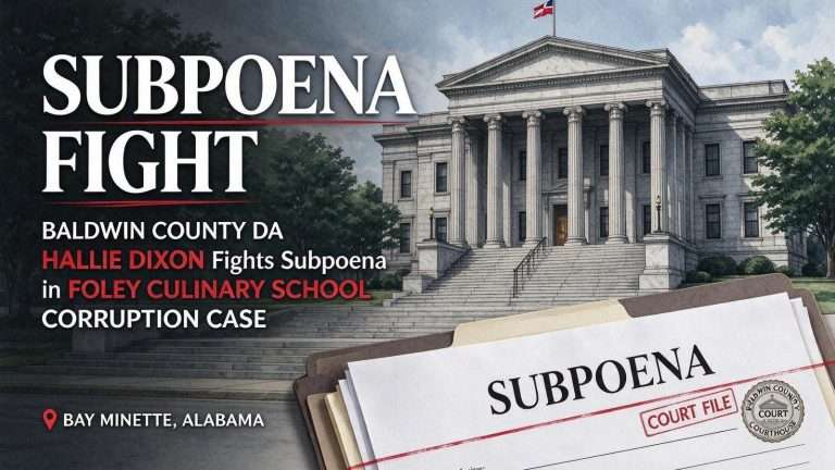 Illustration for the news story: Baldwin County DA Hallie Dixon Fights Subpoena in Foley Culinary School Corruption Case