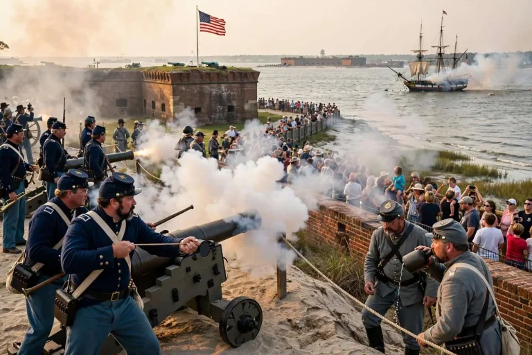 Illustration for the news story: Cannons Roar Again as Reenactors Mark 150th Anniversary of Battle of Mobile Bay