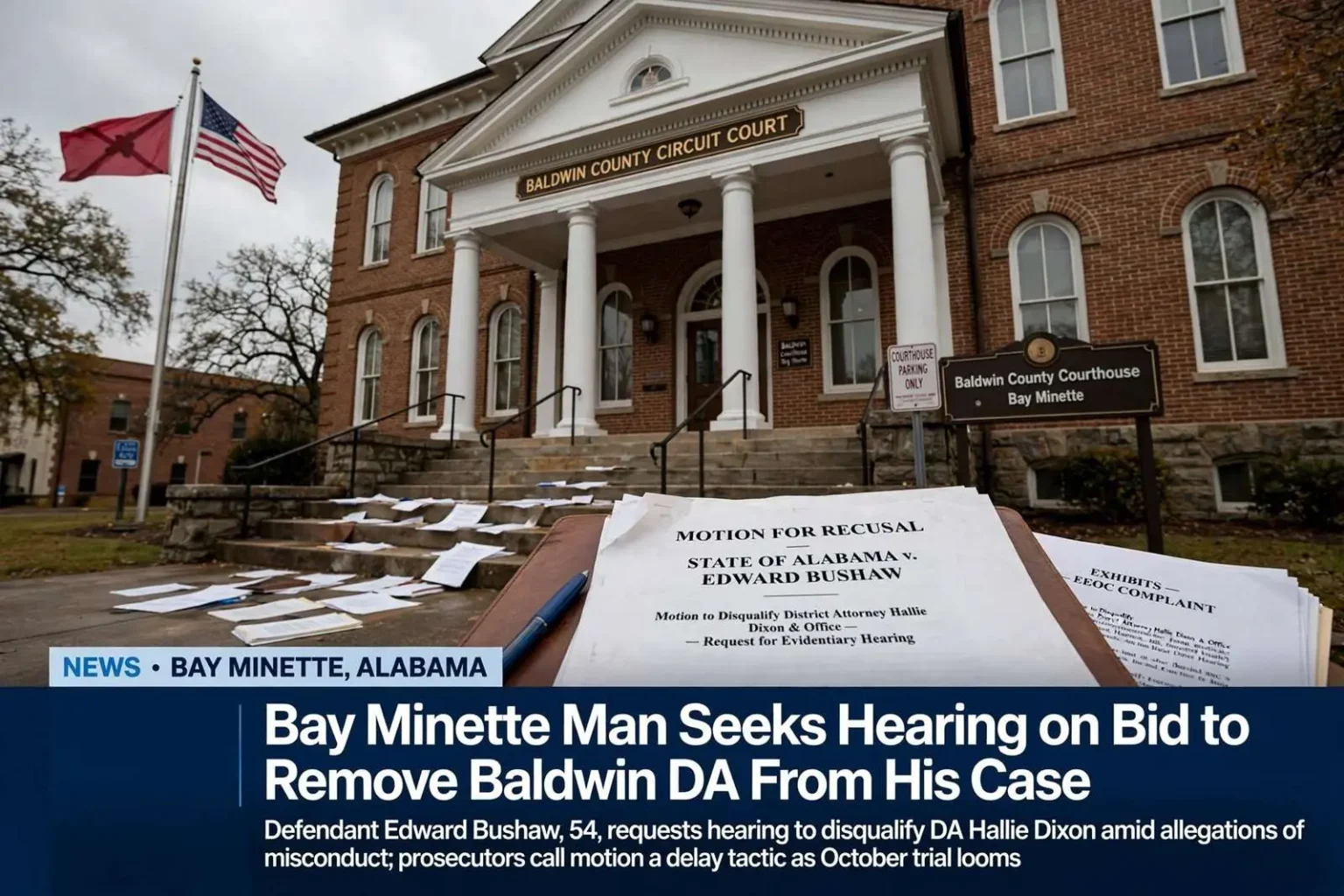 Illustration for the news story: Bay Minette Man Seeks Hearing on Bid to Remove Baldwin DA From His Case