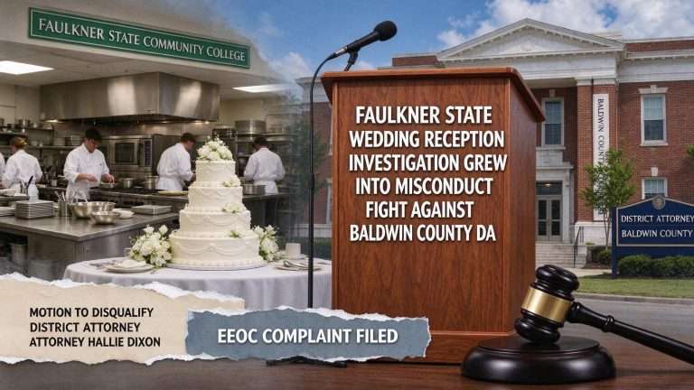 Illustration for the news story: Faulkner State Wedding Reception Investigation Grew Into Misconduct Fight Against Baldwin County DA