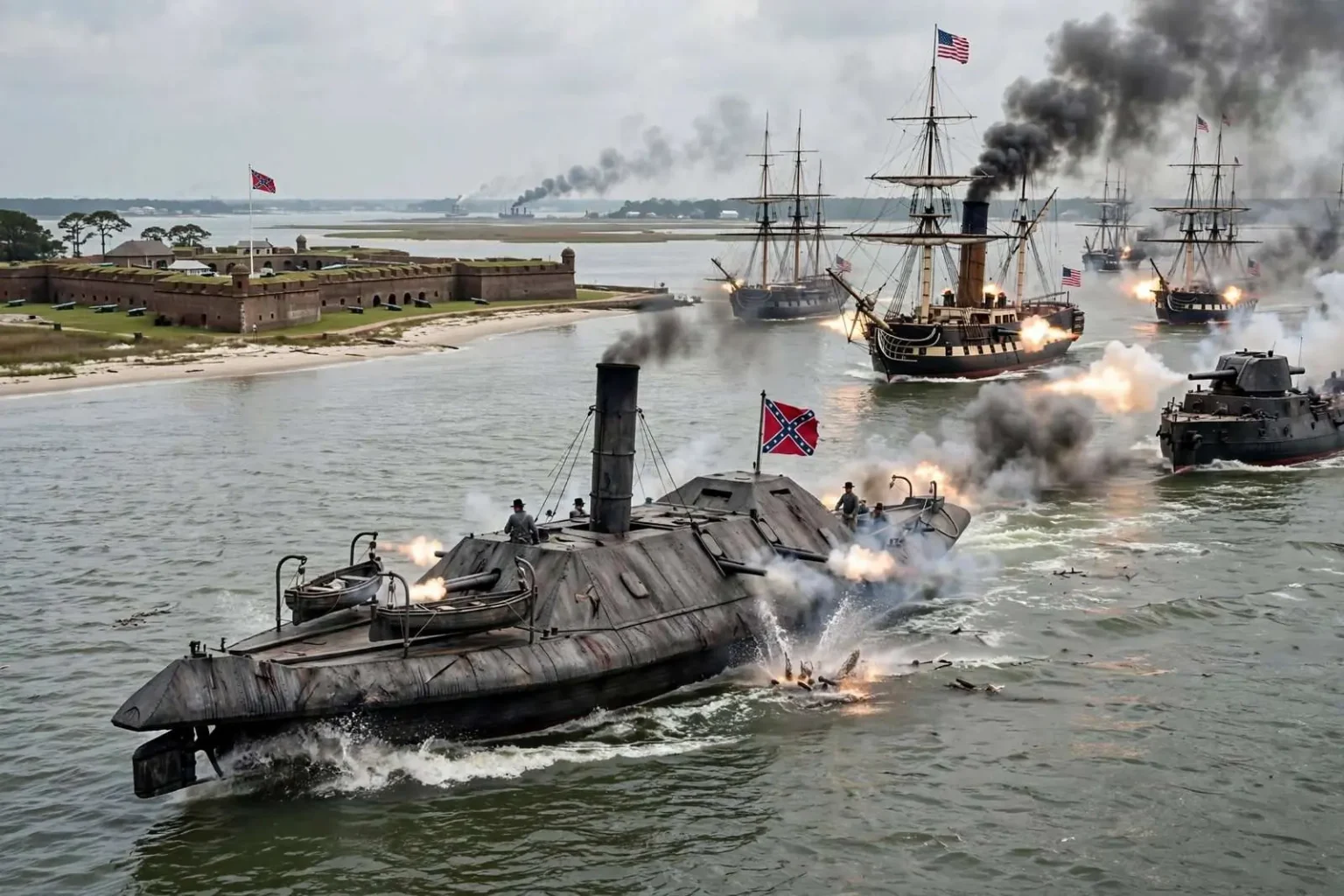 Illustration for the news story: Remembering the Ironclad Tennessee’s Desperate Charge at Fort Morgan