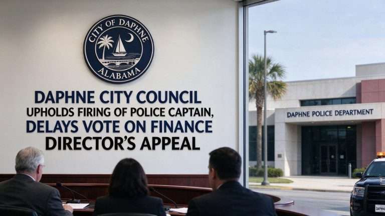 Illustration for the news story: Daphne Council Upholds Firing of Police Captain, Delays Vote on Finance Director’s Appeal