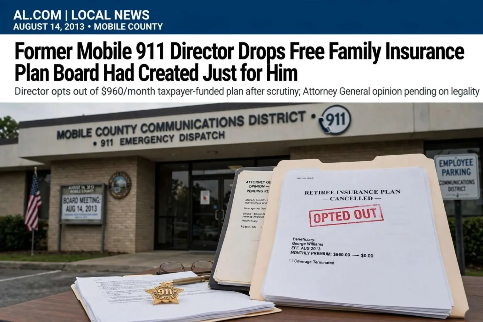 Illustration for the news story: Former Mobile 911 Director Drops Free Family Insurance Plan Board Had Created Just for Him
