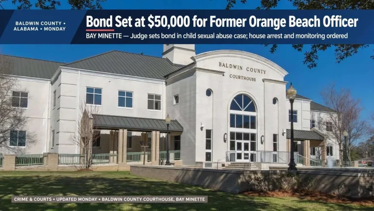 Illustration for the news story: Bond Set at $50,000 for Former Orange Beach Officer in Bay Minette Hearing