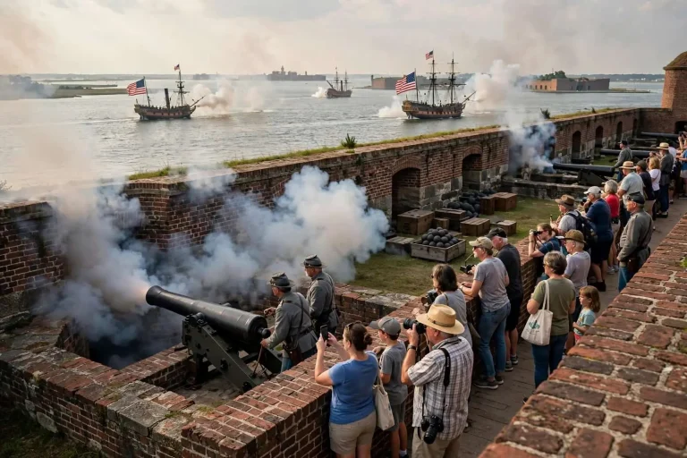 Illustration for the news story: Battle of Mobile Bay 150th Anniversary Reenactment Draws Crowds to Fort Gaines