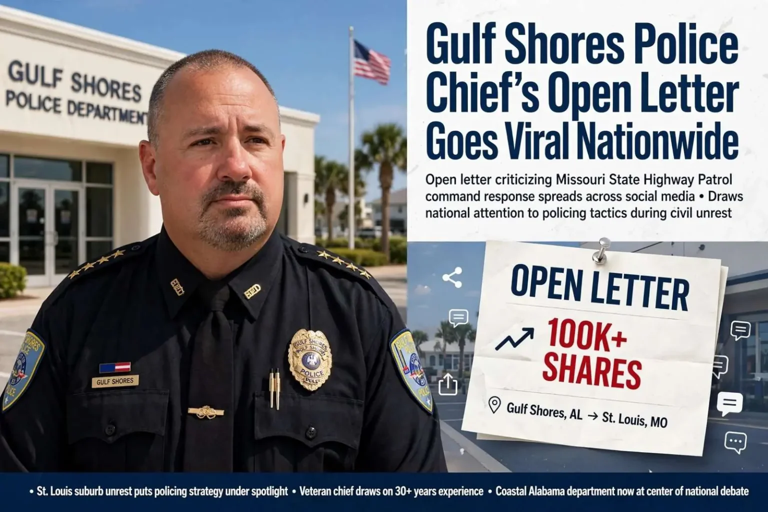 Illustration for the news story: Gulf Shores Police Chief’s Open Letter Goes Viral Nationwide