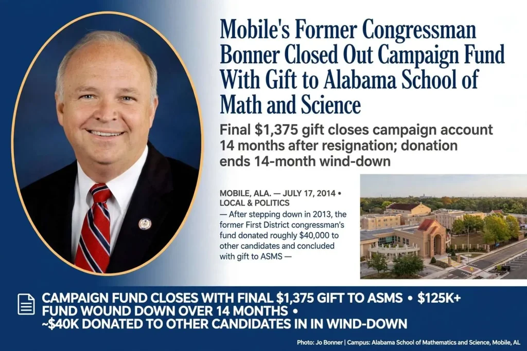 Illustration for the news story: Mobile’s Former Congressman Bonner Closed Out Campaign Fund With Gift to Alabama School of Math and Science