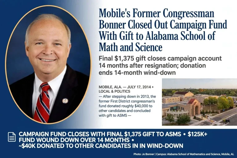 Illustration for the news story: Mobile’s Former Congressman Bonner Closed Out Campaign Fund With Gift to Alabama School of Math and Science