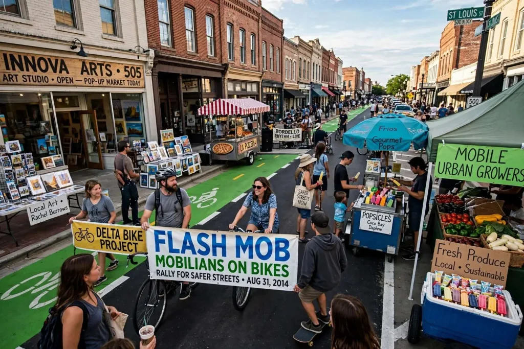 Illustration for the news story: Cyclists and Pedestrians Rally for Safer Streets in Downtown Mobile