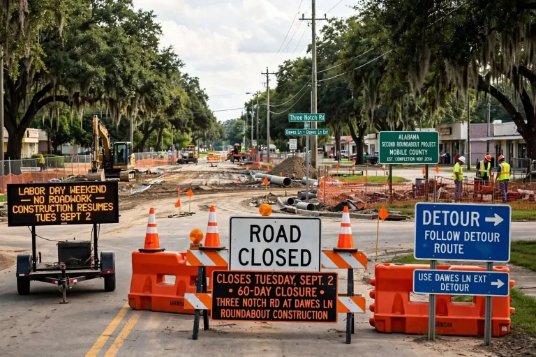 Illustration for the news story: Mobile County’s Second Roundabout Takes Shape as a Holiday-Weekend Detour Looms