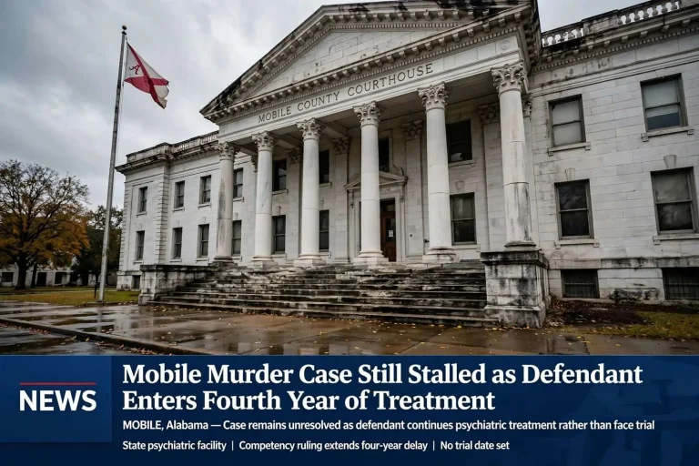 Illustration for the news story: Mobile Murder Case Still Stalled as Defendant Enters Fourth Year of Treatment