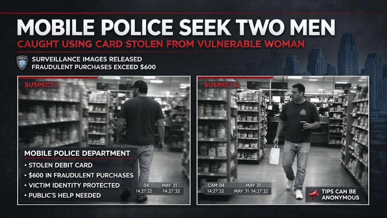 Illustration for the news story: Mobile Police Seek Two Men Caught Using Card Stolen From Vulnerable Woman