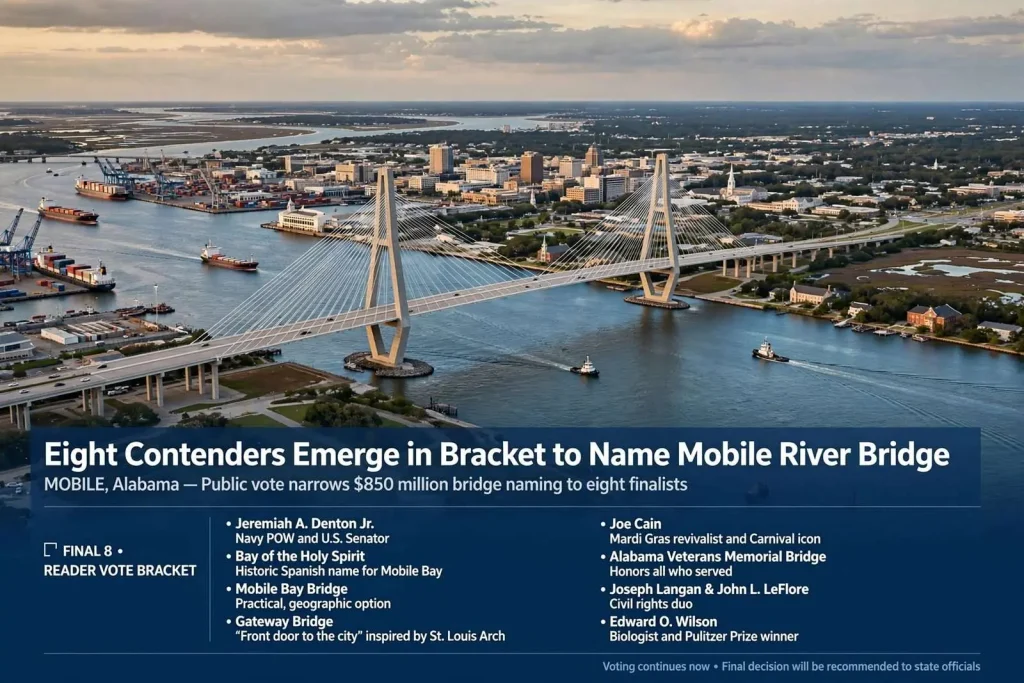 Illustration for the news story: Eight Contenders Emerge in Bracket to Name Mobile River Bridge