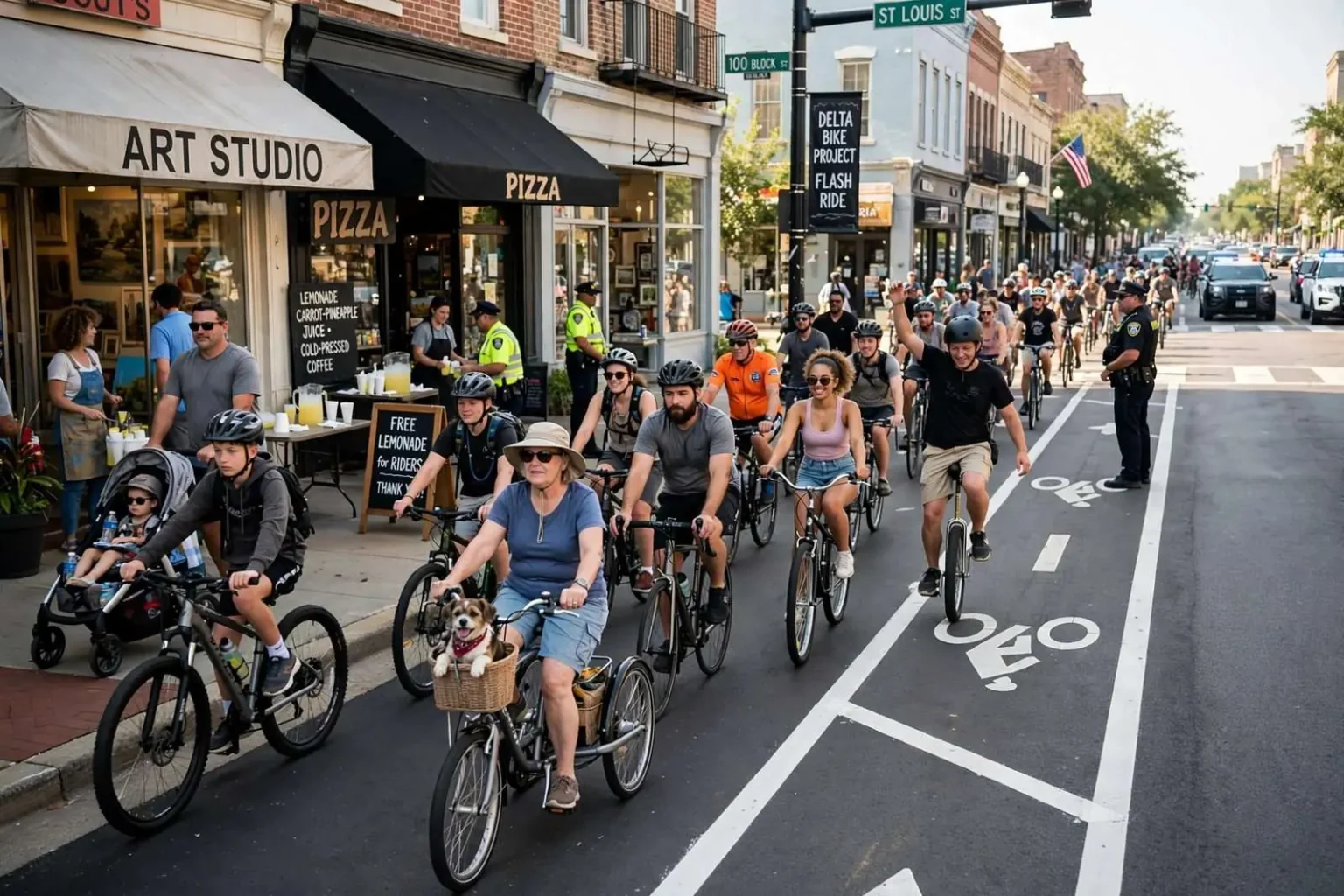 Illustration for the news story: Downtown Mobile Cyclists Test-Ride Fresh Bike Lanes on St. Louis Street