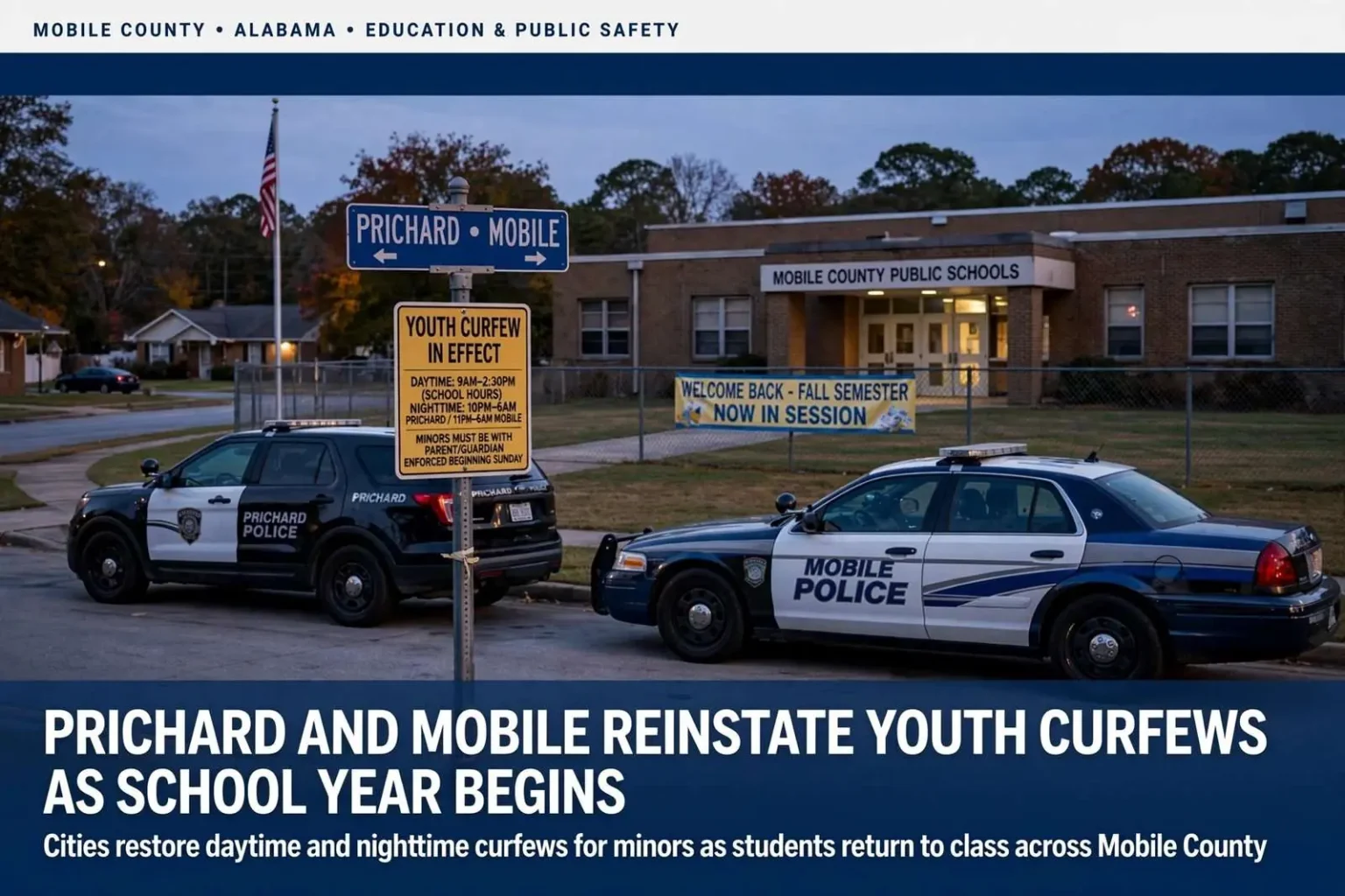 Illustration for the news story: Prichard and Mobile Reinstate Youth Curfews as School Year Begins