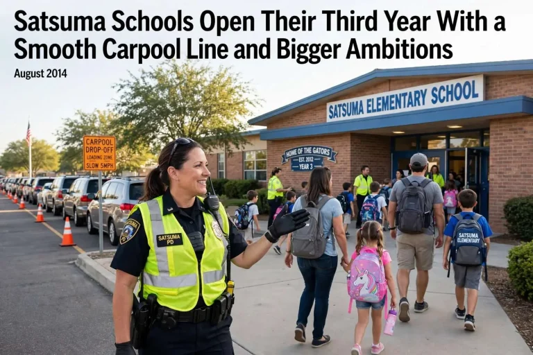 Illustration for the news story: Satsuma Schools Open Their Third Year With a Smooth Carpool Line and Bigger Ambitions