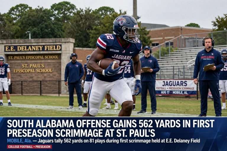 Illustration for the news story: South Alabama Offense Gains 562 Yards in First Preseason Scrimmage at St. Paul’s