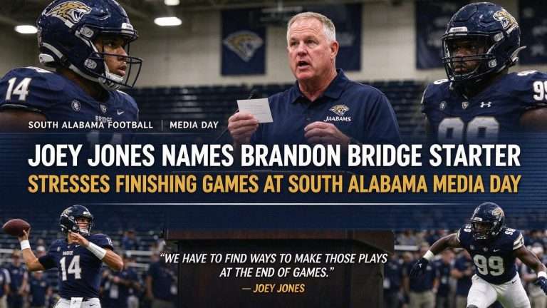 Illustration for the news story: Joey Jones Names Brandon Bridge Starter, Stresses Finishing Games at South Alabama Media Day