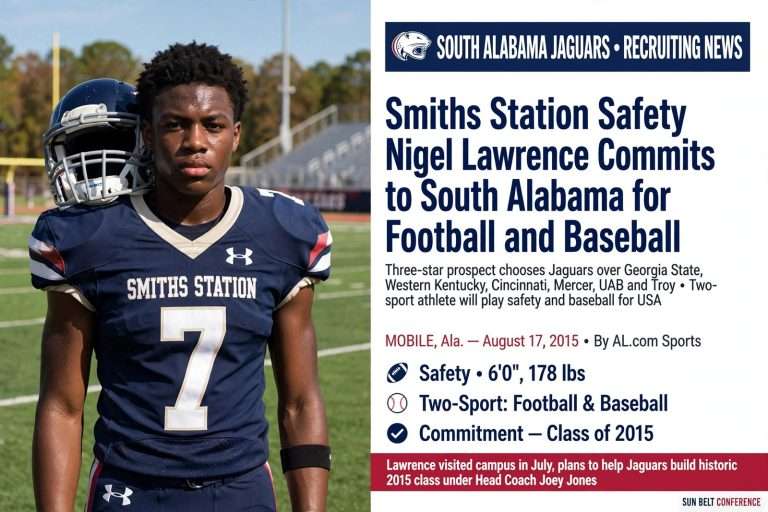 Illustration for the news story: Smiths Station Safety Nigel Lawrence Commits to South Alabama for Football and Baseball
