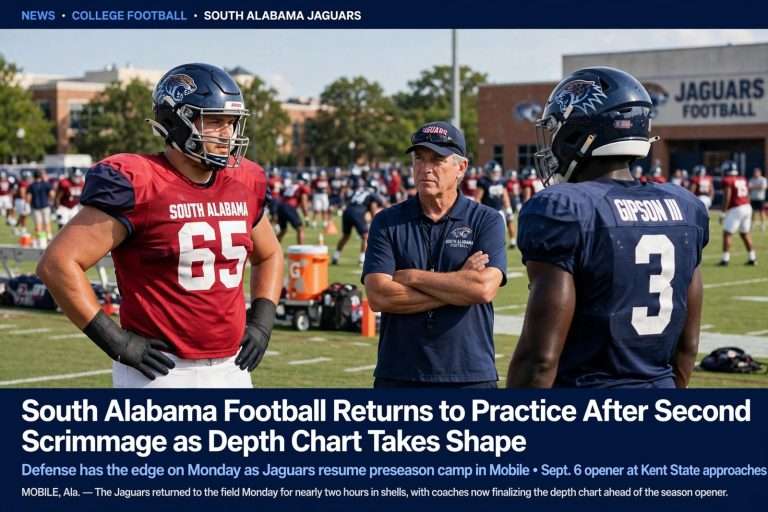 Illustration for the news story: South Alabama Football Returns to Practice After Second Scrimmage as Depth Chart Takes Shape