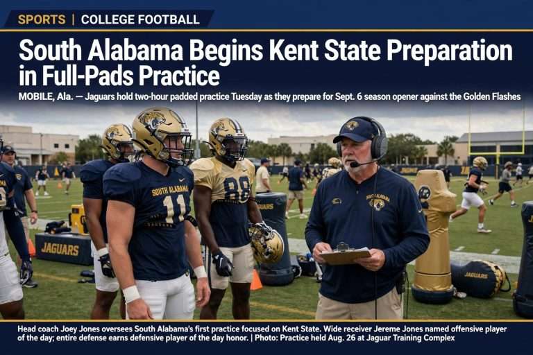 Illustration for the news story: South Alabama Begins Kent State Preparation in Full-Pads Practice