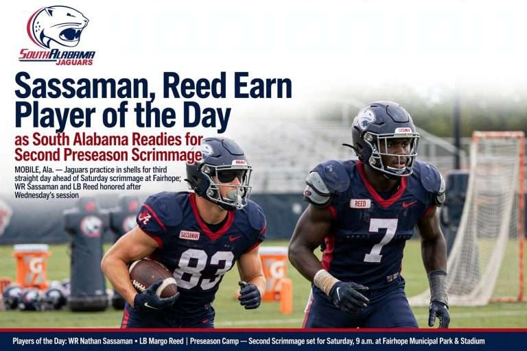 Illustration for the news story: Sassaman, Reed Earn Player of the Day as South Alabama Readies for Second Preseason Scrimmage