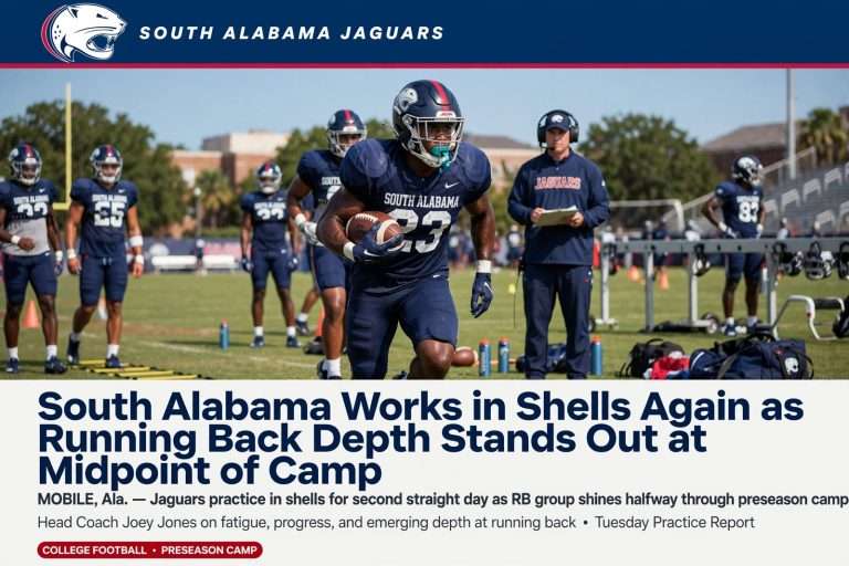 Illustration for the news story: South Alabama Works in Shells Again as Running Back Depth Stands Out at Midpoint of Camp