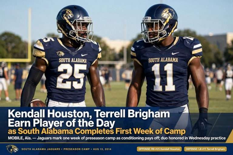 Illustration for the news story: Kendall Houston, Terrell Brigham Earn Player of the Day as South Alabama Completes First Week of Camp