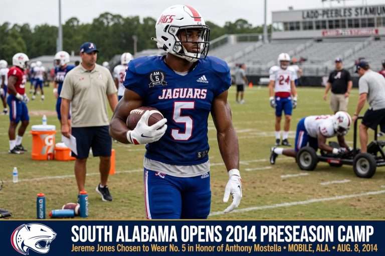 Illustration for the news story: South Alabama Opens 2014 Preseason Camp; Jereme Jones Chosen to Wear No. 5 in Honor of Anthony Mostella