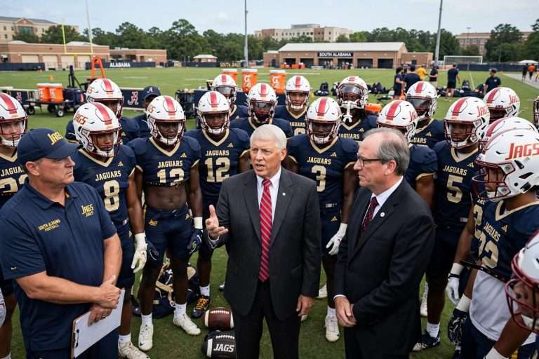 Illustration for the news story: South Alabama Football Practices in Shells as Waldrop, Smith Address Team Before Second Scrimmage