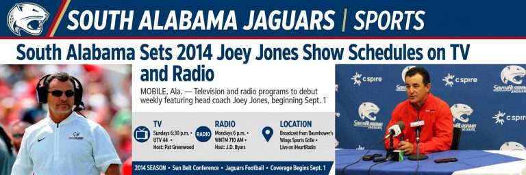Illustration for the news story: South Alabama Sets 2014 Joey Jones Show Schedules on TV and Radio